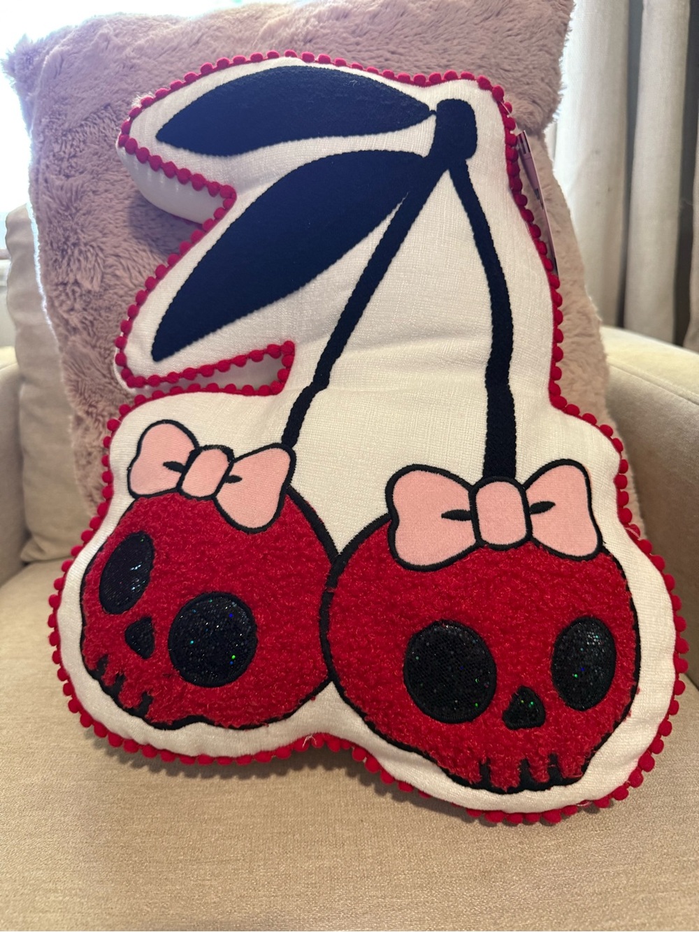 ADORABLE CHERRY SKULLS DECORATIVE PILLOW NWT Pink Bows Red Skull Cherries